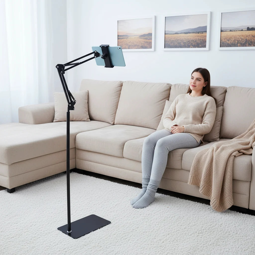 Tablet Floor Stand, 360° Swivel Adjustable Height & Angle, Heavy Duty Carbon Steel, Non-Slip Base, Portable & Foldable, Universal Holder for 12-18cm Phones & Tablets, for Home Office Kitchen Gym Bedroom, Easy Assembly