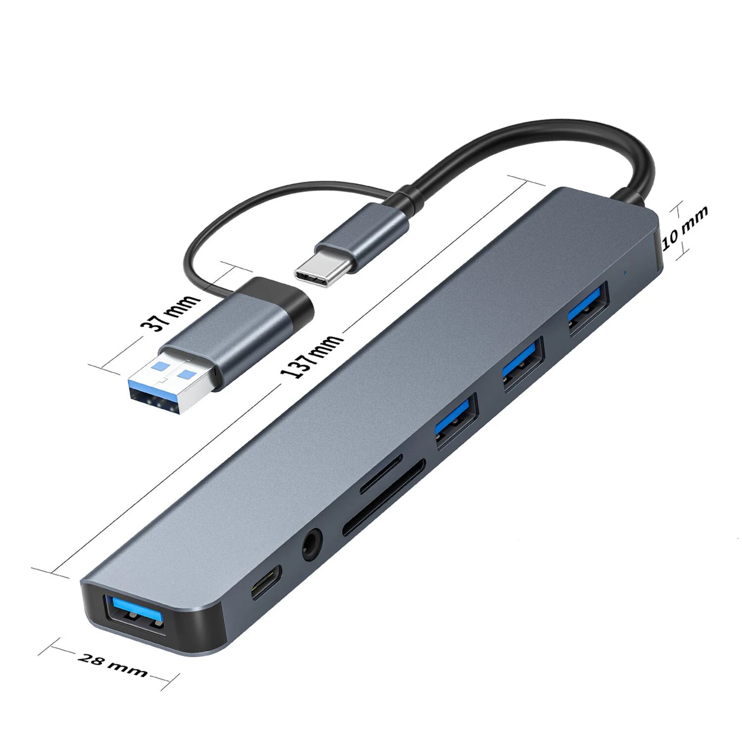 8in1 USB C Hub 4 USB Ports 1 USB-C Jack TF/SD Card Reader 3.5mm Audio Output for MacBook Pro iPad Pro iPhone 15 Laptop
