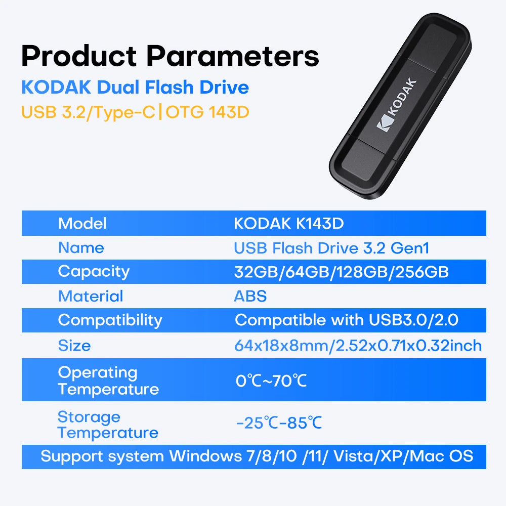 KODAK USB 3.2 & Type-C Flash Drive 128GB 64GB USB3.2 Gen 1 OTG High Speed Pen Drive Memory Stick Pendrive for Phone Computer