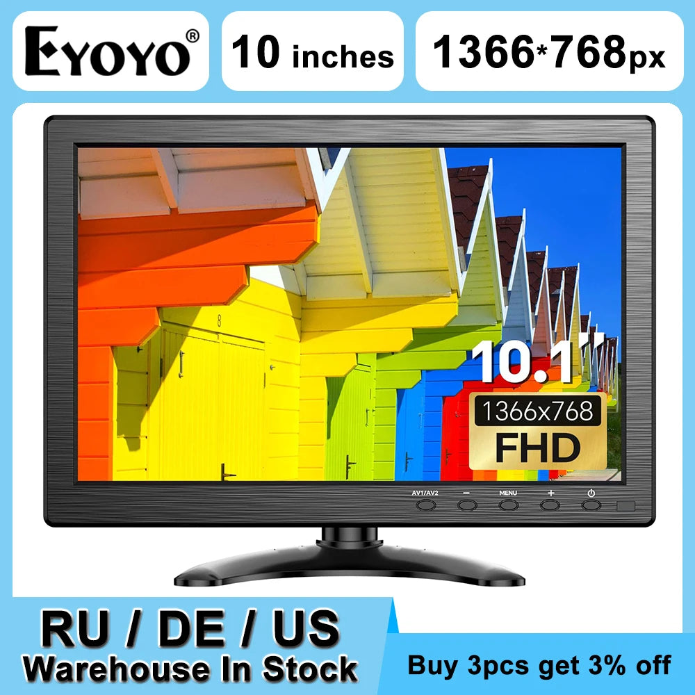 EYOYO 10-inch Security Monitor 1366x768 Small Desktop Monitor With HDMI VGA AV BNC USB Input,Built-in Speakers,For PC CCTV NVR