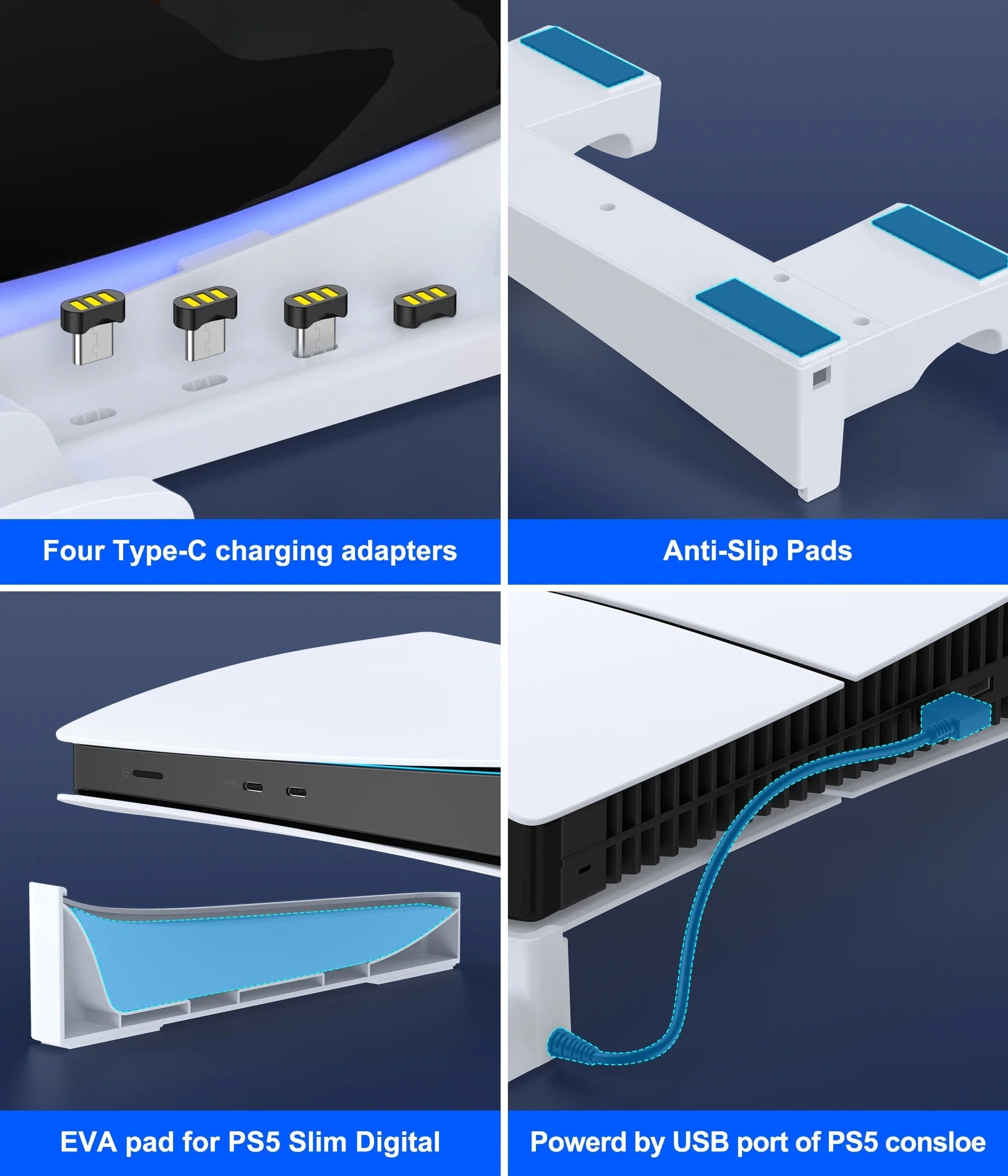 BEBONCOOL PH100 for PS5 Pro/Slim Digital / Disc Version Horizontal Charging Brack with Lights Suitable for PS5 Accessories