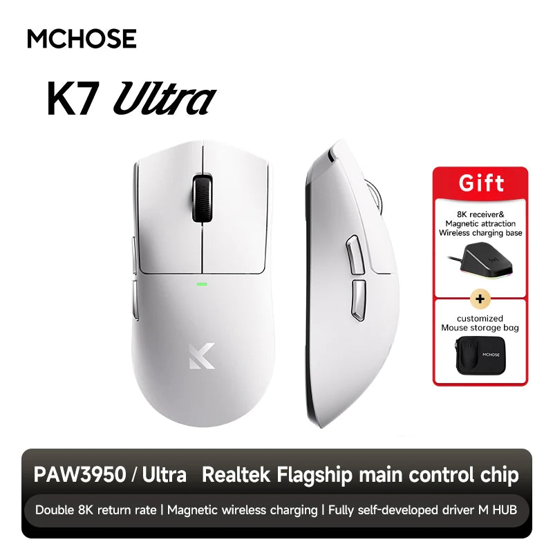 MCHOSE K7 Ultra Wireless Gaming Mouse PAW3950 Dual 8K Polling Rate Lightweight Magnetic Wireless Charging Dock Esports Office