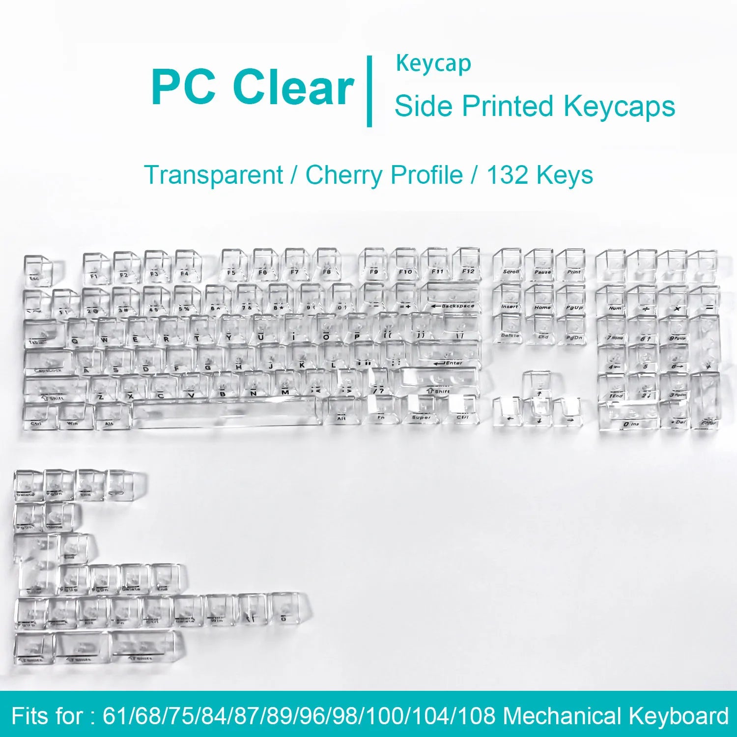 130 Keys Black Full Transparent PC Keycaps UV Printing Clear Crystal Key Caps Cherry Profile for MX Switches Gaming Keyboard