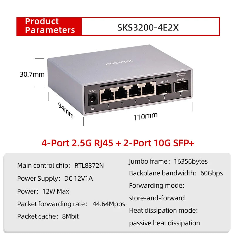 XikeStor 2.5G Simple L2 Managed Switch 4-Port 2.5G RJ45 2-Port 10G SFP+ Ethernet Switch VLAN & Port Aggregation One-click Rest