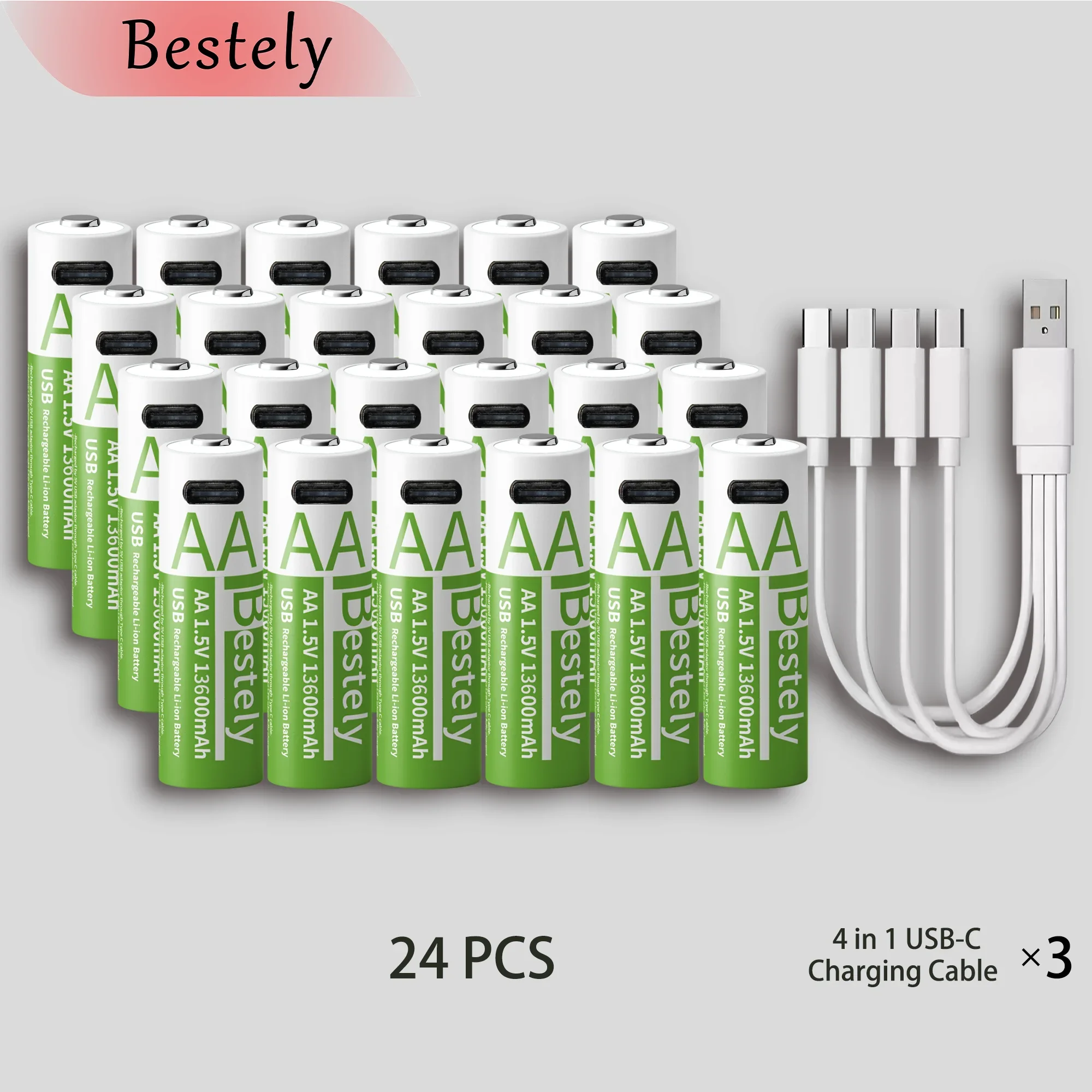 Latest Rechargeable 1.5V AA 13600mAh USB Lithium Battery , Fast Charging Li-ion AA Battery  , 2000 Cycle with USB- C Port Cables