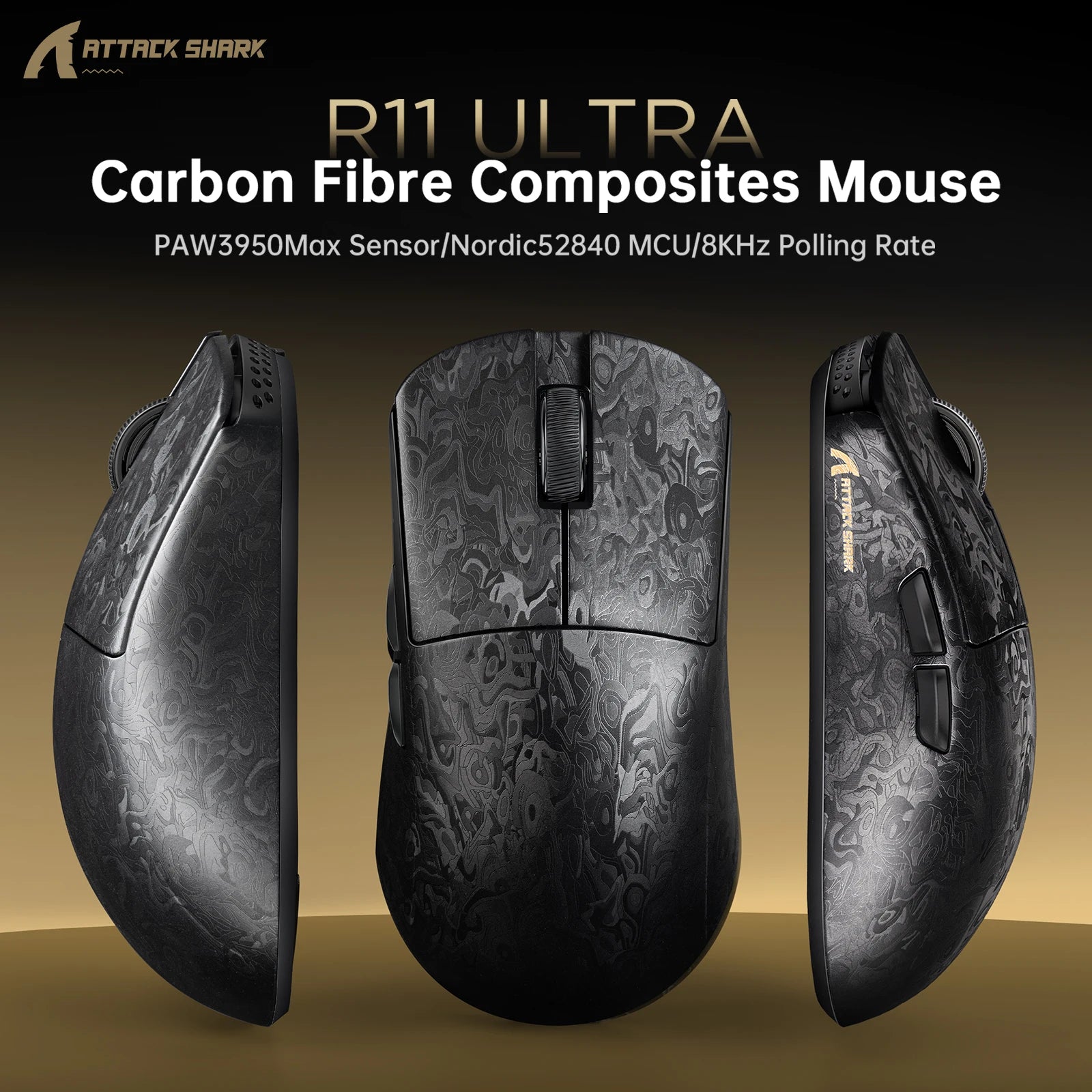 ATTACK SHARK R11 ULTRA Carbon Fiber Wireless Gaming Mouse, 8000Hz 49g 42000DPI, PAW3950MAX Nano-Metal Ice Coating BT/2.4G/USB-C