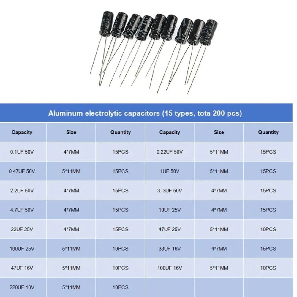200pcs 15Values Capacitors Set 10V 16V 25V 50V 0.1uF-220uF Electrolytic Capacitor Assortment Kit 0.22uf 2.2uf 100uf