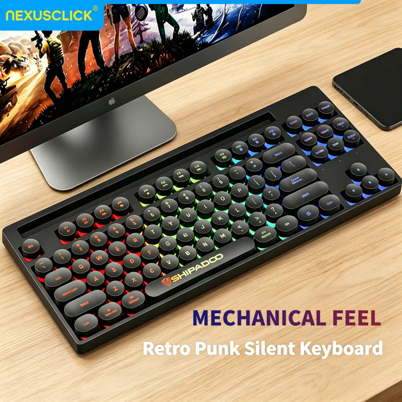 NexusClick Hot Sale 87 keys Backlit Mechanical Feel Keyboard, Wired Gaming Keyboard waterproof Luminous keycap for Laptop Office