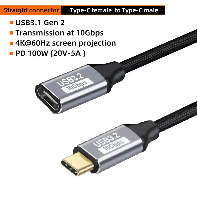 USB C 3 Gen2 10Gbps Extension Cable Type C to C PD 100W QC4.0 3.0 5A Fast Charging Cable For MacBook Pro 4k 60Hz Video Cable