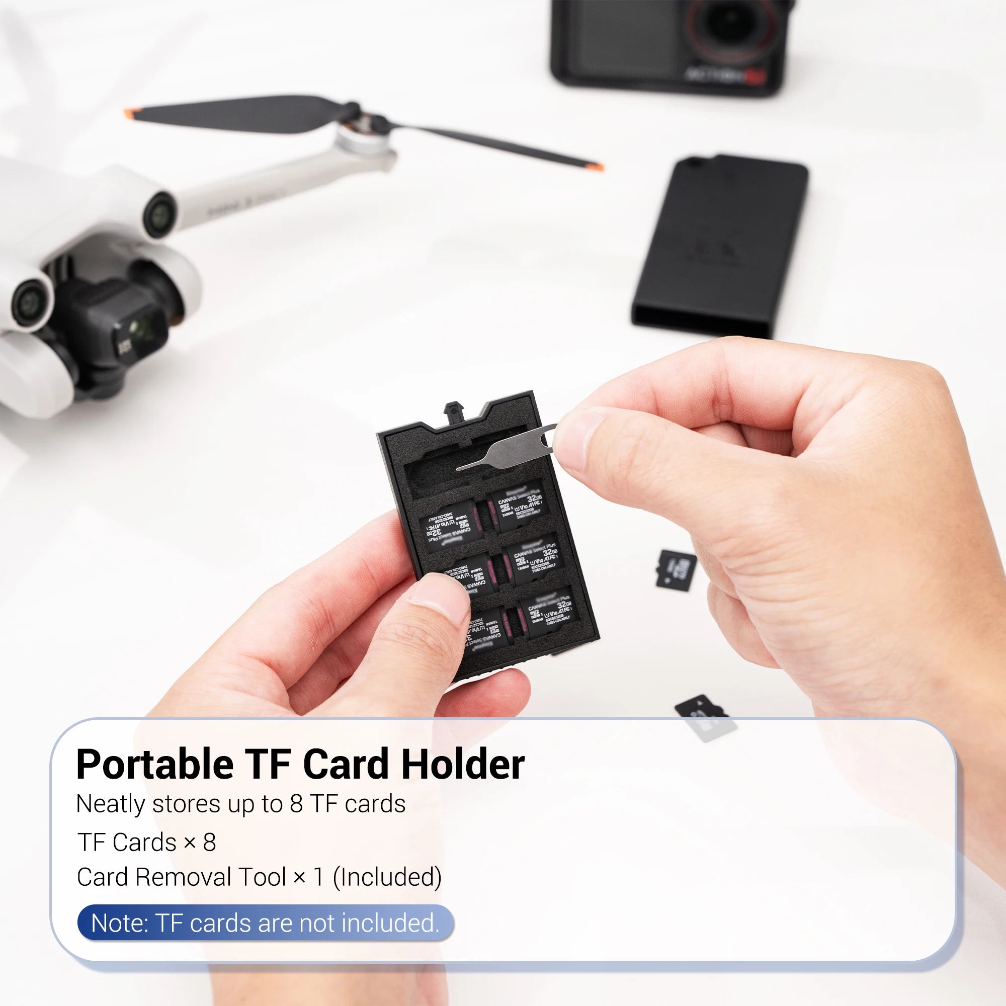Pop-up Slim TF Memory Card Case Holder for 8 TF MSD Cards with Carabiner, Portable Anti-Shock Splash-proof MicroSD Card Case