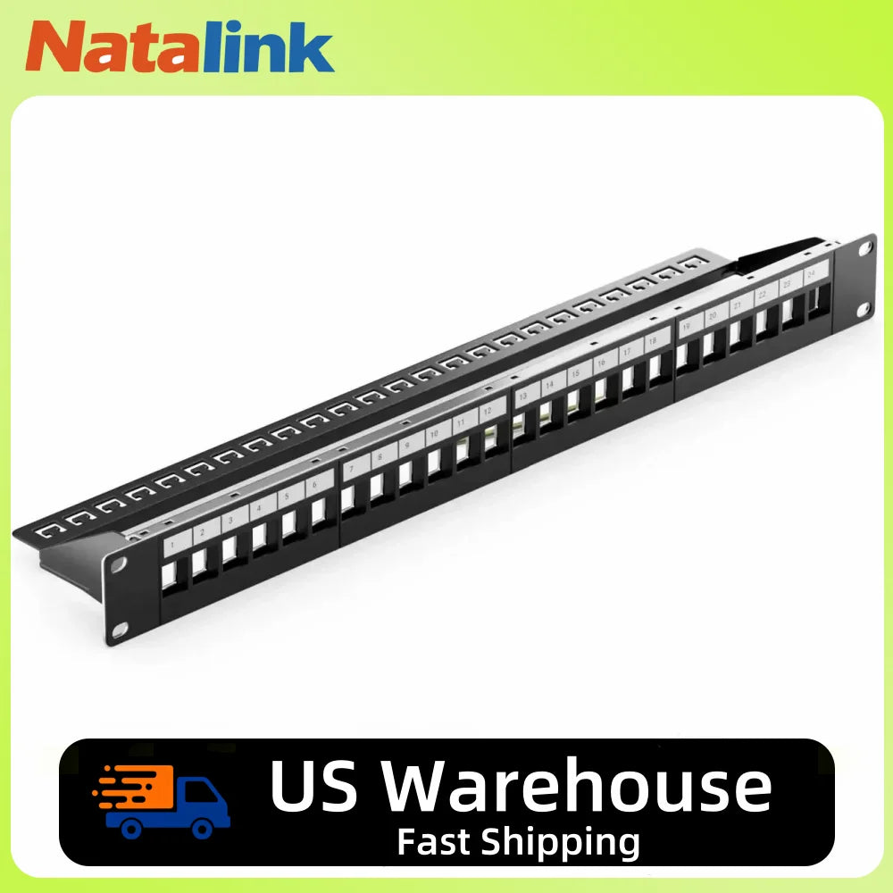 Natalink Patch Panel 24 Port Cat6 with Coupler Keystone Back Bar 19 Inch 1U Ethernet RJ45 Network Rackmount Coupler Patch Panel