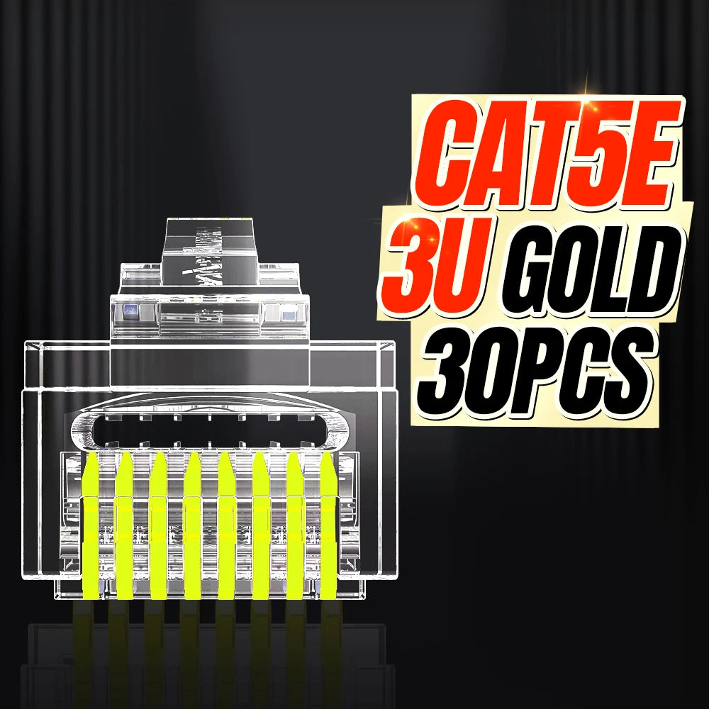 AMPCOM RJ45 Connector Pass Through CAT6 CAT5E Modular Plug Network Ends UTP 3U 50u Gold Plated 8P8C Crimp End for Ethernet Cable
