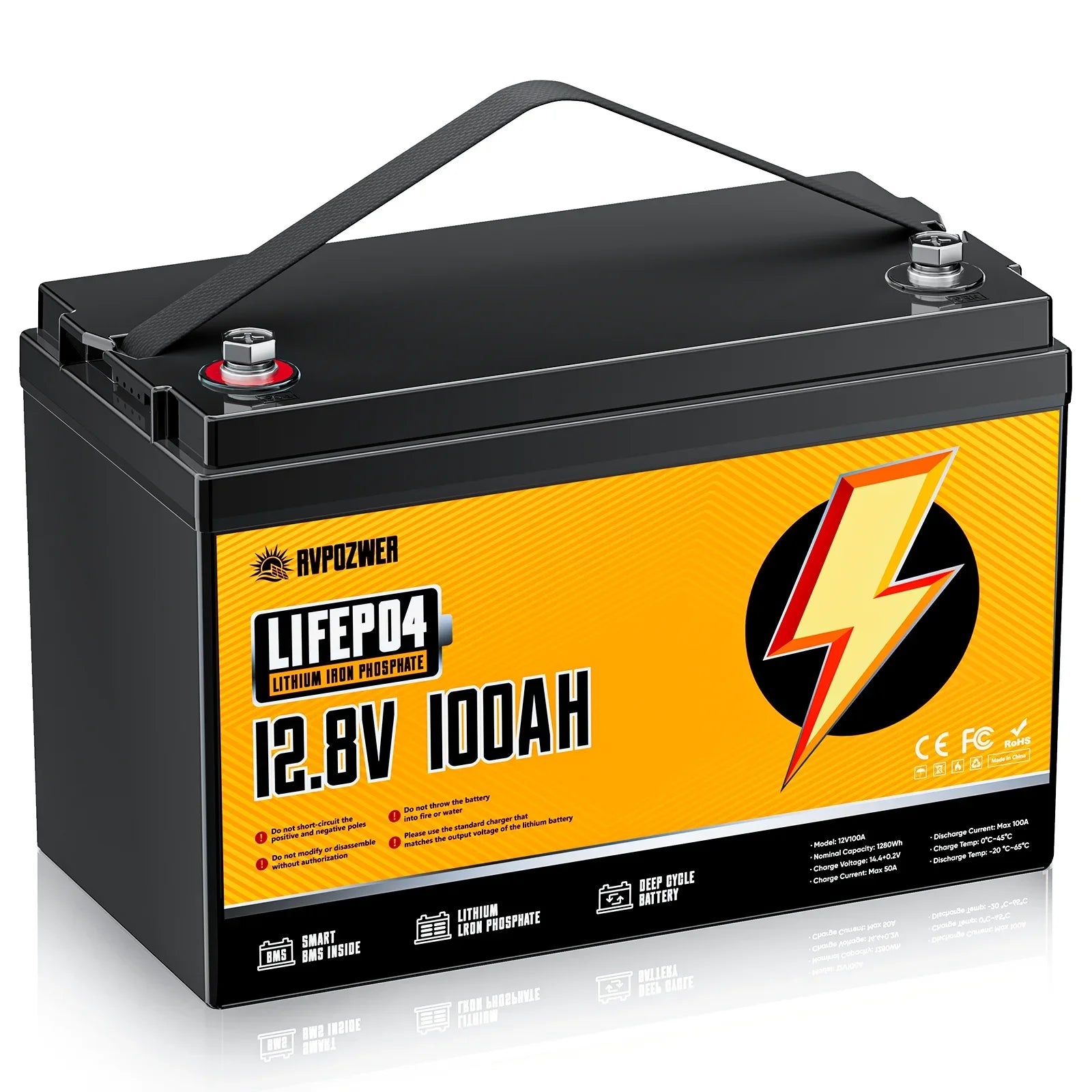 RVPOZWER 12V 100Ah LiFePO4 Lithium Battery 1280Wh 15000+ Deep Cycles RV Marine Trolling Motors Off-grid Rechargeable Batteries