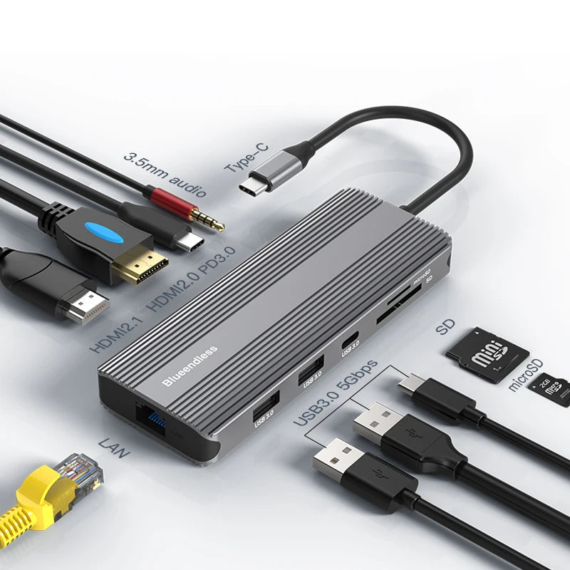 Blueendless 10 in 1 Ports Type C Adapter 4K 120Hz 8K DP Port Type C Data Transfer USB3.0 TF SD Reader Headphone Socket