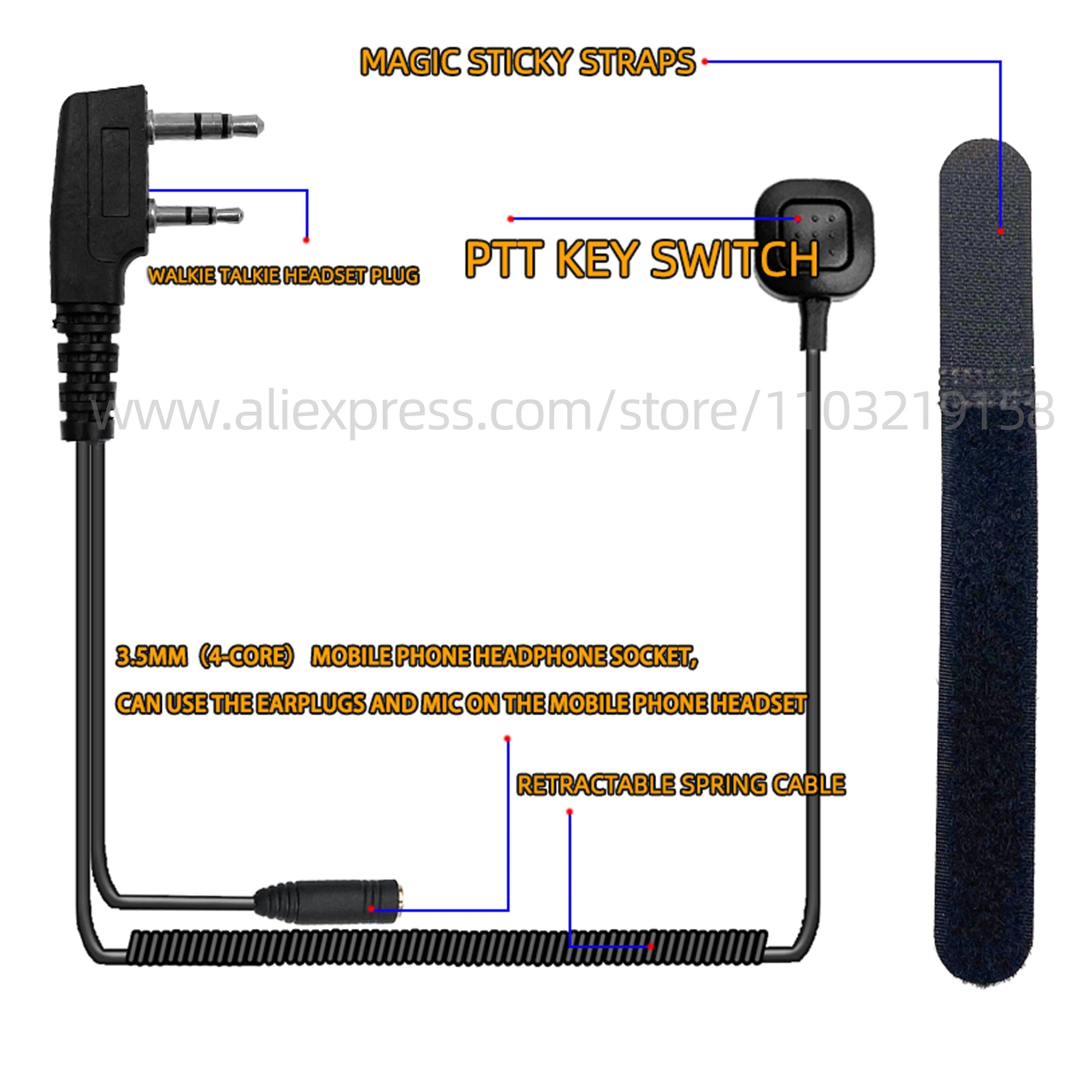 Walkie Talkie K1 2 Pin to 3.5mm with PTT  Audio Adapter Cable for Kenwood Baofeng UV-5R UV-82 BF-888S Tyt Quansheng UV-K5 UV-K6