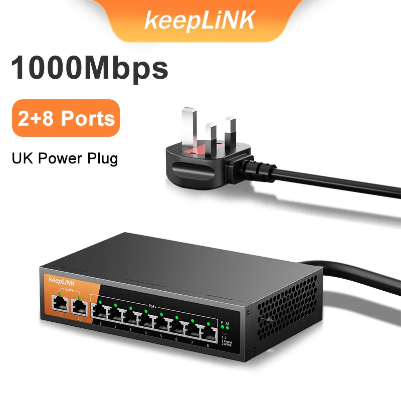 KeepLiNK 10-Port Gigabit Switch with 8-PoE and 2-RJ45 for Uplink Unmanaged Plug and Play