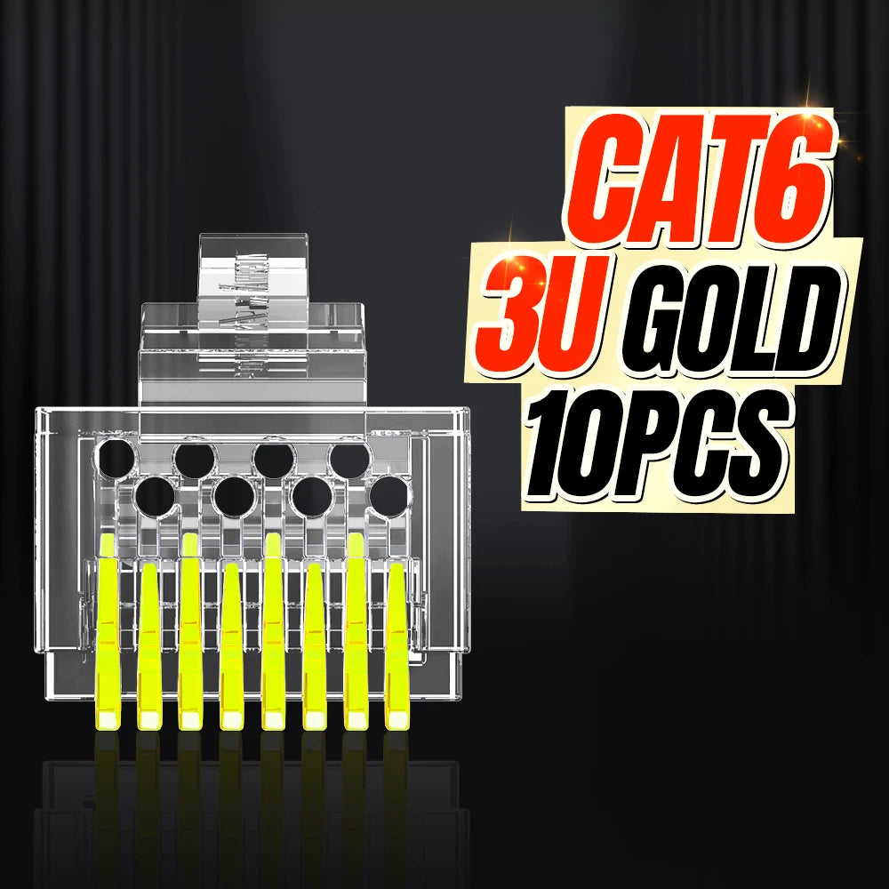 AMPCOM RJ45 Connector Pass Through CAT6 CAT5E Modular Plug Network Ends UTP 3U 50u Gold Plated 8P8C Crimp End for Ethernet Cable