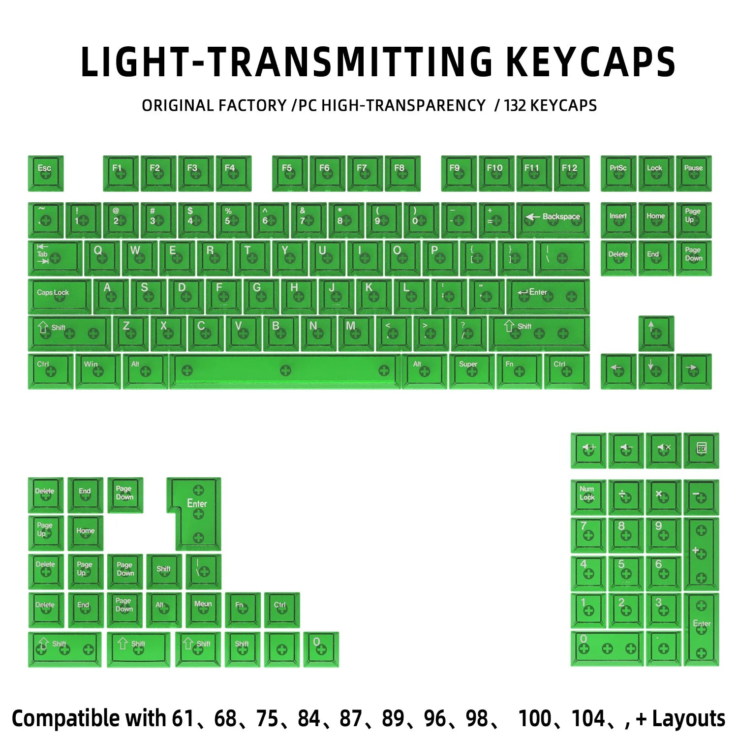 130 Keys Black Full Transparent PC Keycaps UV Printing Clear Crystal Key Caps Cherry Profile for MX Switches Gaming Keyboard