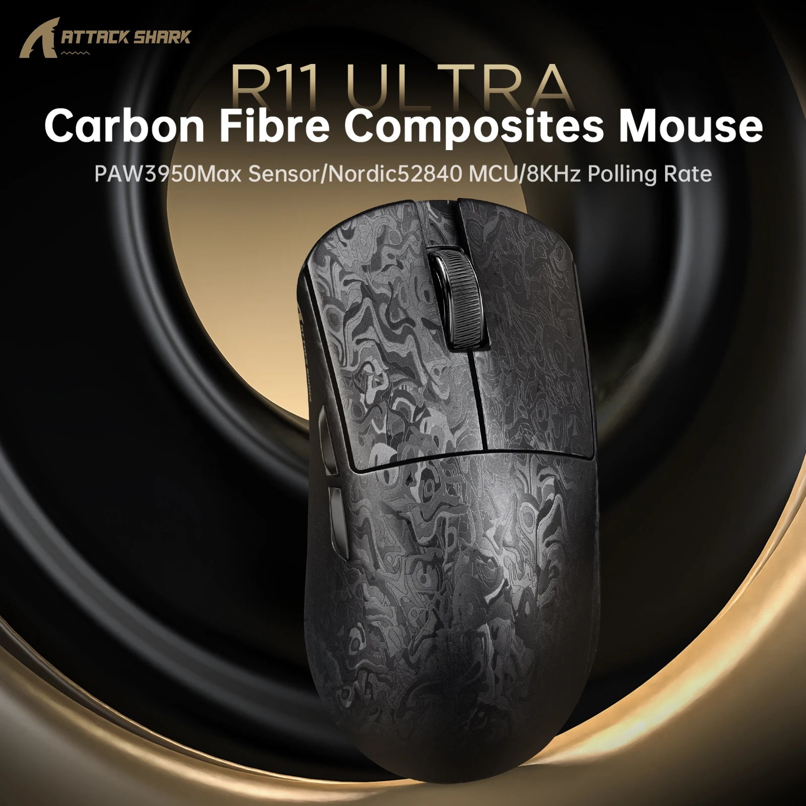 ATTACK SHARK R11 ULTRA Carbon Fiber Wireless Gaming Mouse, 8000Hz 49g 42000DPI, PAW3950MAX Nano-Metal Ice Coating BT/2.4G/USB-C