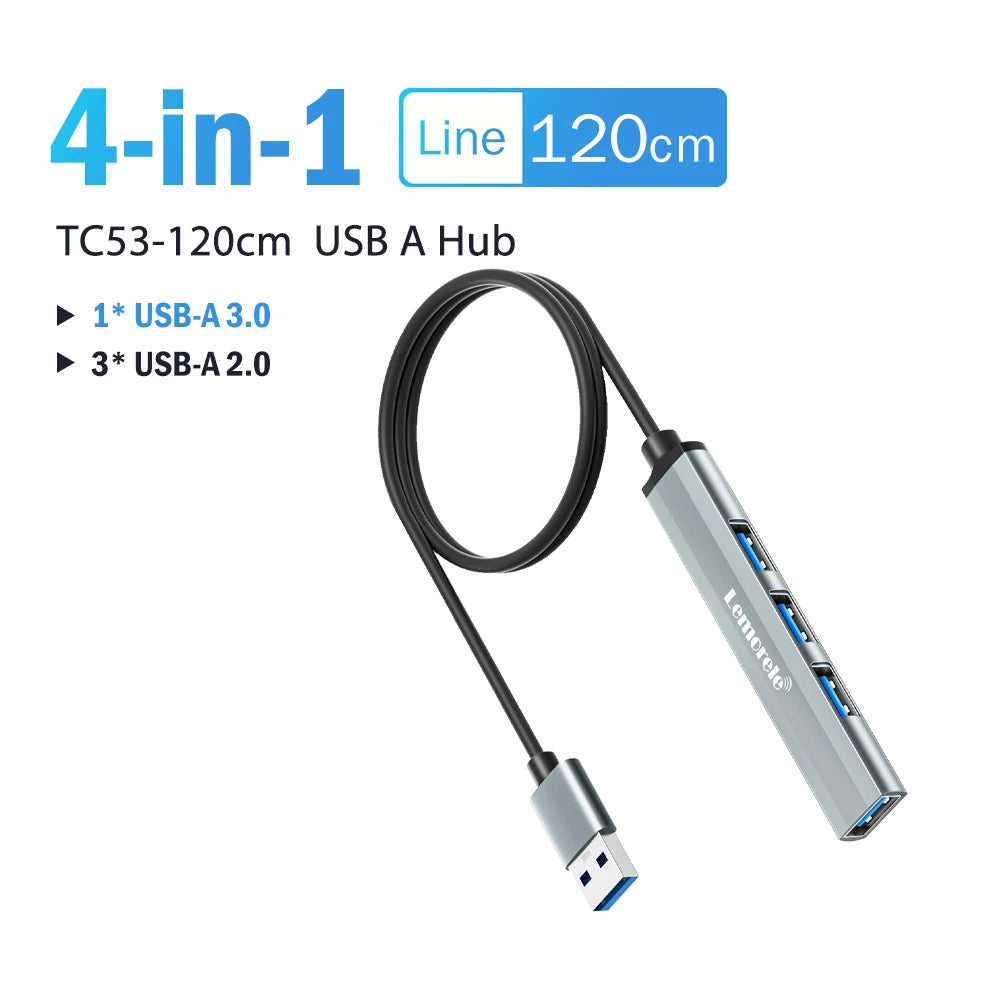 Lemorele 120cm 4Ports USB HUB OTG USB A 3.0 Adapter Multi Splitter Adapter Laptop Accessories For Xiaomi Lenovo Macbook Pro