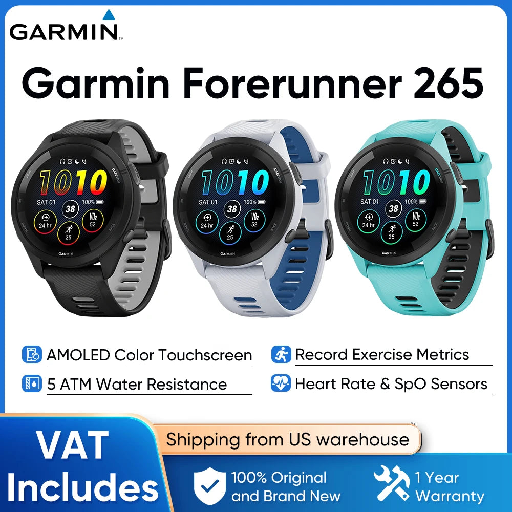 Garmin Forerunner 265 GPS 46mm Smartwatch 1.3" AMOLED Touchscreen Display Heart Rate Monitoring Training Metric Message Notice