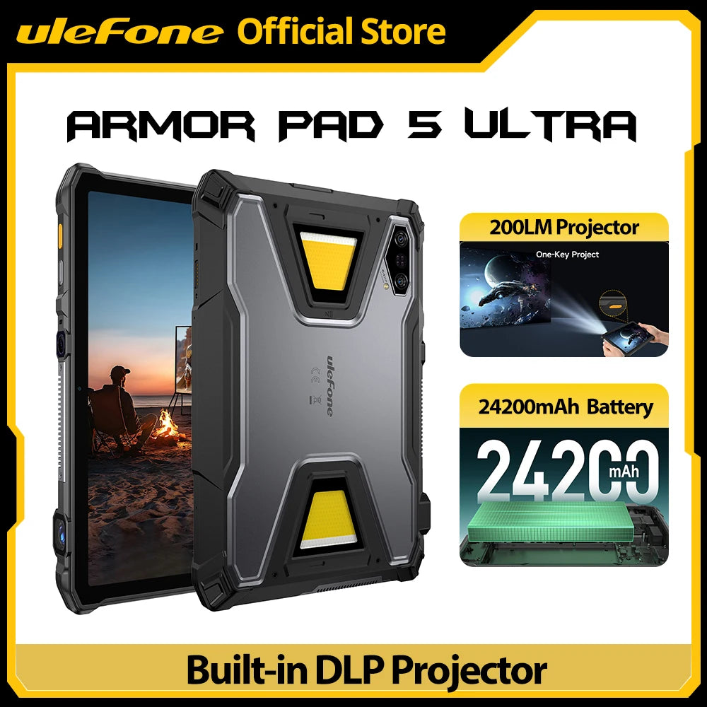 【Ships from US】Ulefone  Rugged Tablet Armor Pad 5 Ultra 5G, Portable Projector 200LM ,24200 mAh ,120W Up to 12GB +512GB ,Andro