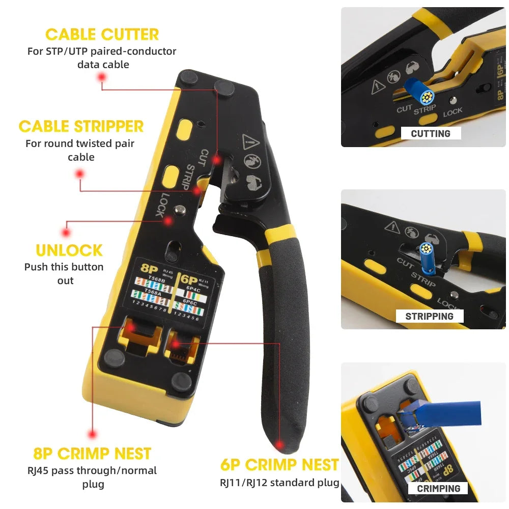HOMEFISH 6088 Through-Hole Wire Crimper 8P6P Dual-Use Pliers for RJ45 Punch-Down RJ45 Crystal Head