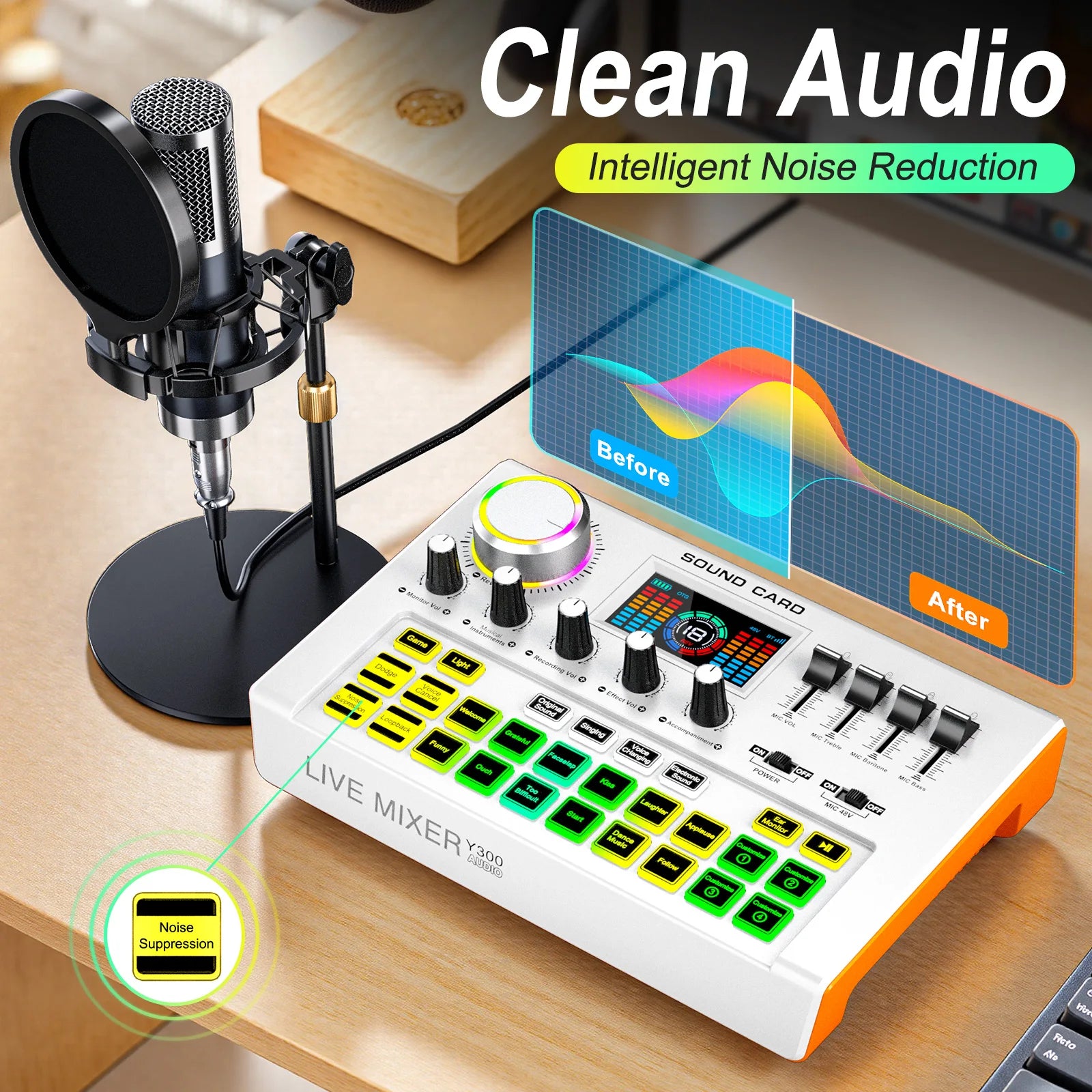 Tenlamp Y300-P15B Professional Podcast Equipment Bundle Kit for 4 People, Studio Sound Card with 3.5mm Condenser Mic  for PC Smartphone Laptop Computer , Live Audio Mixer Voice Changer for Streaming Singing Gaming Recording V
