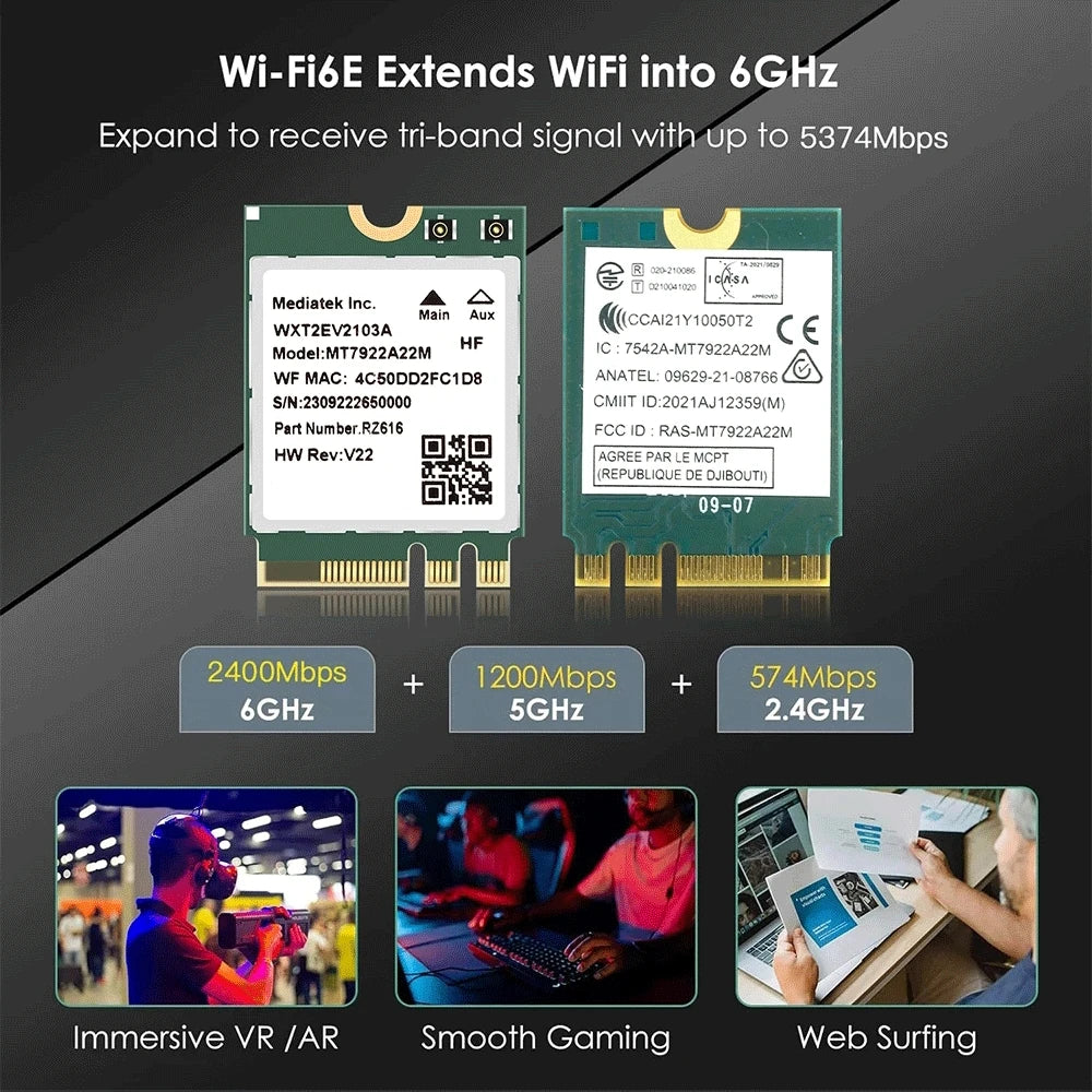 WiFi 6E MT7922 M.2 Wireless Card 5374Mbps BT 5.2 Tri Band 2.4G/5G/6Ghz Network Adapter 802.11AX Wireless Adapter Win 10/11