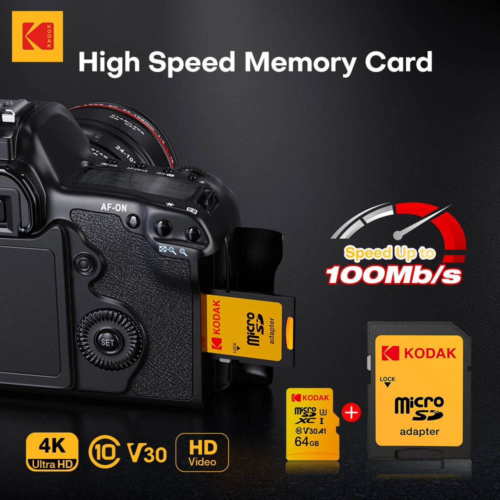 KODAK Micro SD Card 32GB 64GB 128GB V30 U3 4K Yellow for Dash Cam Driving Recorder TF Card