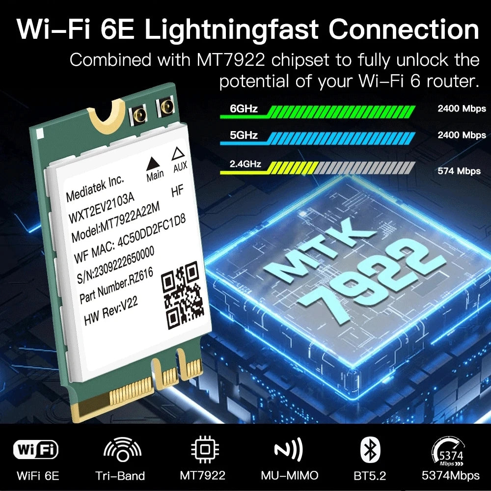 WiFi 6E MT7922 M.2 Wireless Card 5374Mbps BT 5.2 Tri Band 2.4G/5G/6Ghz Network Adapter 802.11AX Wireless Adapter Win 10/11