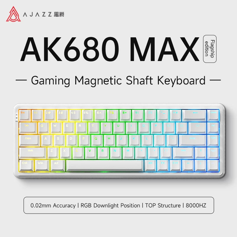 AJAZZ AK680 MAX Magnetic Axis Gaming Mechanical Keyboard 0.02mm accuracy 0.125ms ultra-low latency | 8K return rate 32K scan rate 8KHz return Quick triggering/resetting of aluminum alloy positioning plate with precision adjus