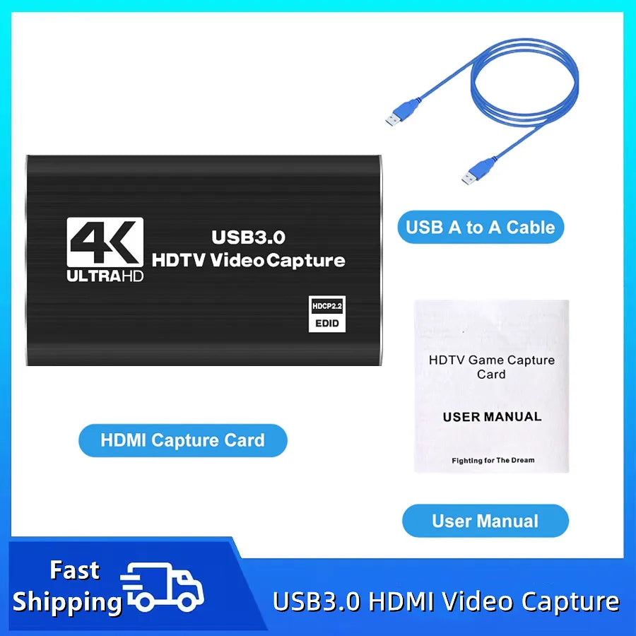 TABLLYUGE 4K USB 3.0 HDTV Video Capture Card HDMI-compatible Video Recorder Grabber For PC PS4 OBS Game Recording Game Audio Mic