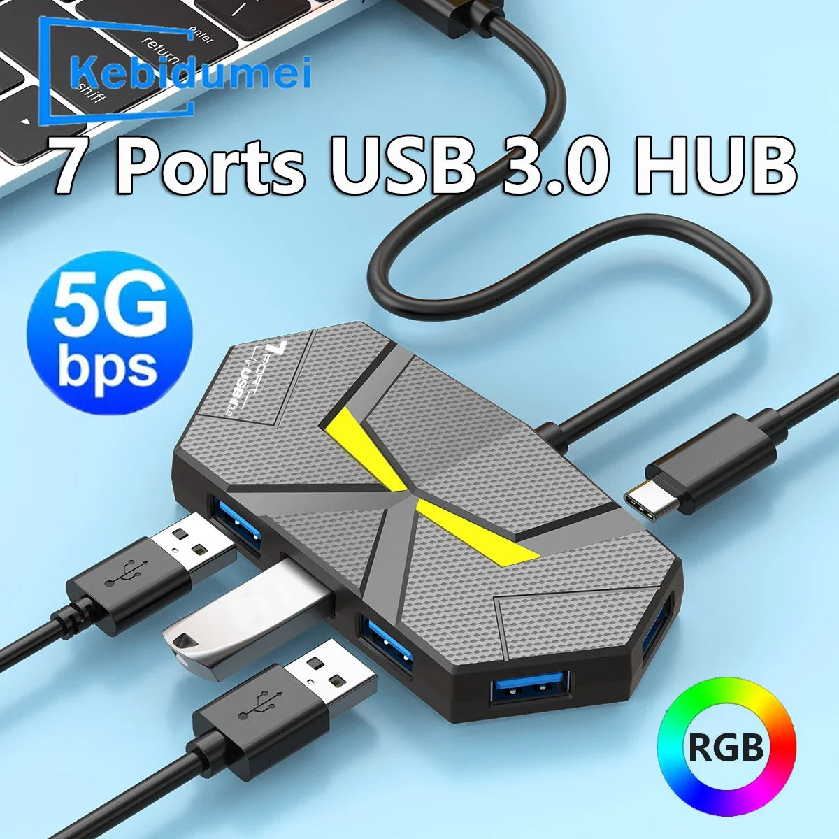 7 Ports USB 3.0 HUB Type C Docking Station 5Gbps High Speed Transmission Splitter Adapter For Laptop Hard Drive Mouse Keyboard