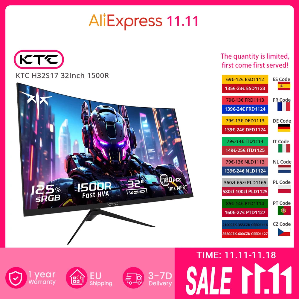 Ktc H32S17 32 Inch 1500R Curved Gaming Monitor 2560X1440 Qhd 180Hz 16:9 Eled 99% Srgb Hdr10 1Ms Mprt Response Time Low-Blue Compatible with Freesync and G-Sync USB Hdmi2.0 2Xdp1.4 Audio Out Flexible Adjustment with Sturdy Tri