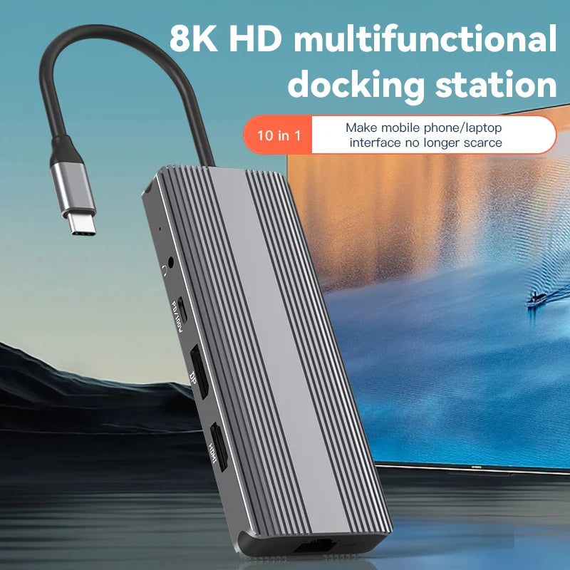 Blueendless 10 in 1 Ports Type C Adapter 4K 120Hz 8K DP Port Type C Data Transfer USB3.0 TF SD Reader Headphone Socket