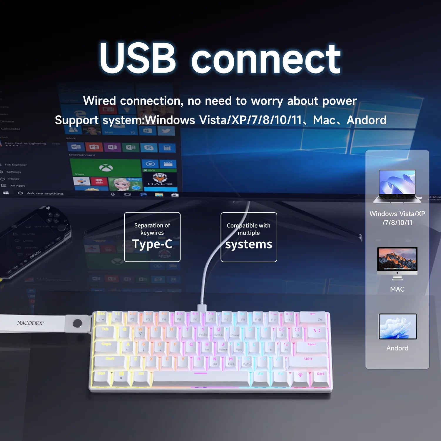 AJAZZ NK61 Wired Mechanical Keyboard, Mixed Backlight, Compact Mini Layout, Detachable USB-C Cable, Keycap Puller Included