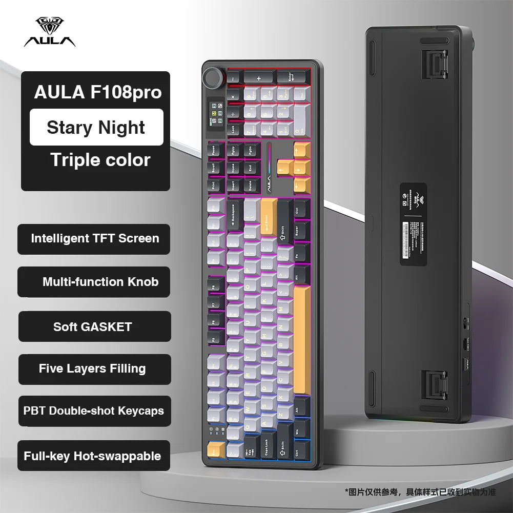 AULA F108 Pro Wireless Bluetooth Keyboard Macro Gaming Keyboard Gasket Hot-swap Full Size Keyboard with TFT Smart Display