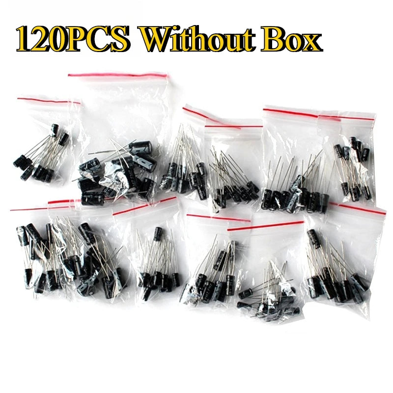 120PCS Electrolytic Capacitor Kit 16V 25V 50V 1uF-470uF Aluminum Electrolyte Capacitors - 12 Values DIP for Electronics Projects