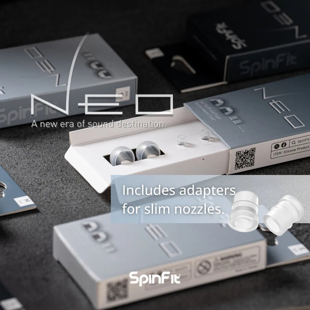 SpinFit NEO for IEM Silicone Patented Eartips Secure Fit Comfort Reduce Allergic Reaction with Adapters for Slim Nozzles 1 pair