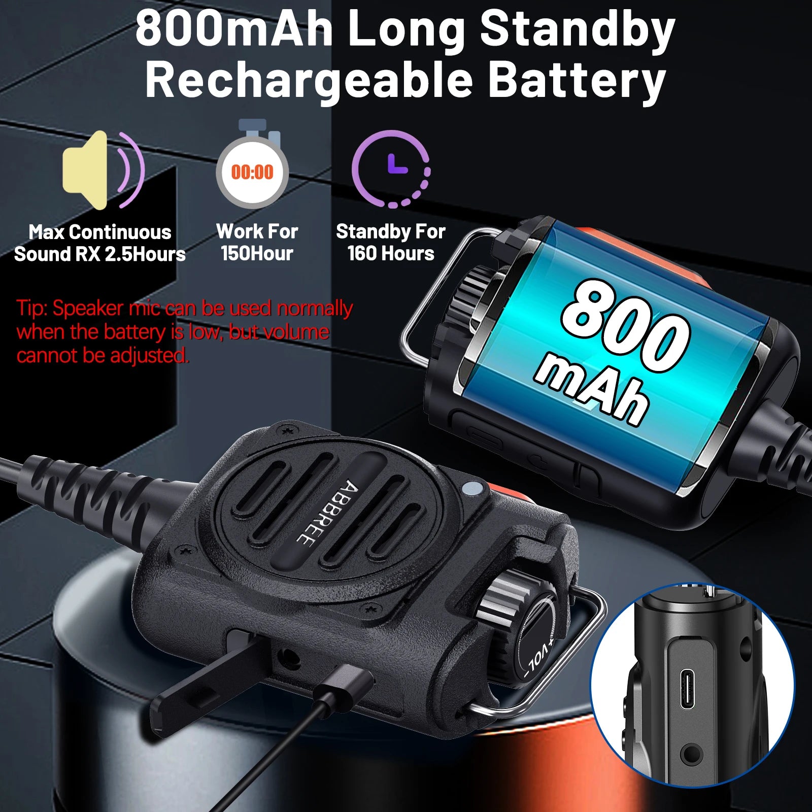 ABBREE AR-158 Rechargeable Walkie Talkie Speaker Microphone Volume Adjust Type-C Charging for Baofeng UV 5R MINI UV 21 PRO Radio