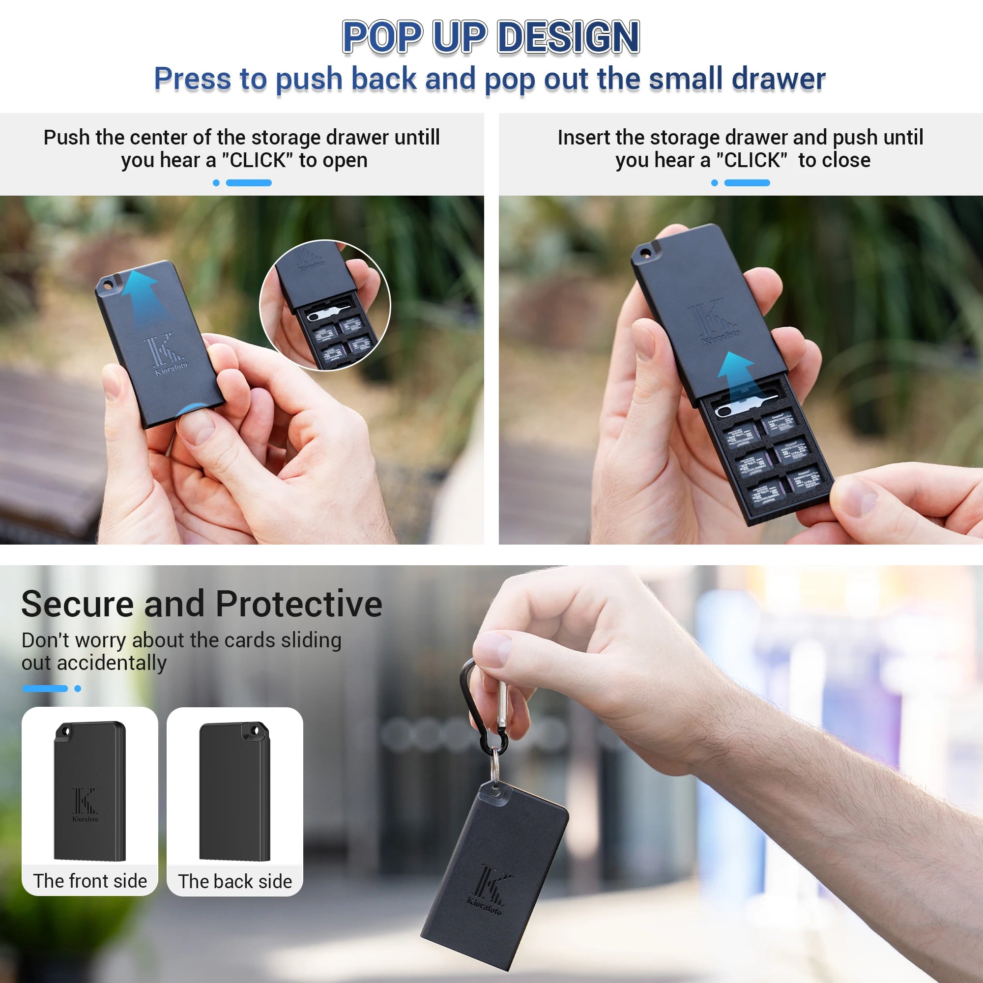 Pop-up Slim TF Memory Card Case Holder for 8 TF MSD Cards with Carabiner, Portable Anti-Shock Splash-proof MicroSD Card Case