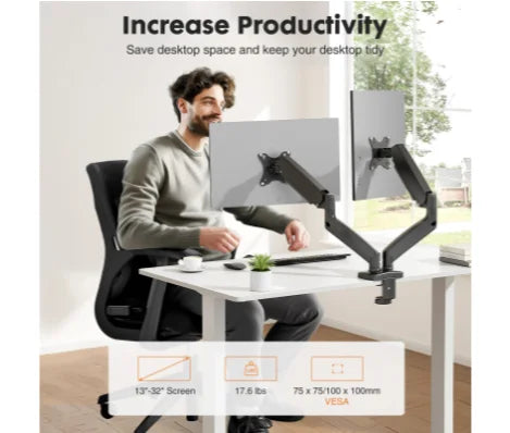 Dual Monitor Stand Arm, Gas Spring 2 Monitor Desk Mount Adjustable Height Swivel VESA Bracket With Clamp And Grommet Base Fits