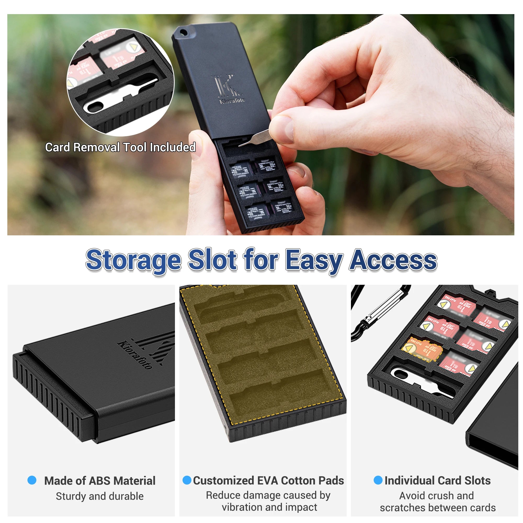 Pop-up Slim TF Memory Card Case Holder for 8 TF MSD Cards with Carabiner, Portable Anti-Shock Splash-proof MicroSD Card Case