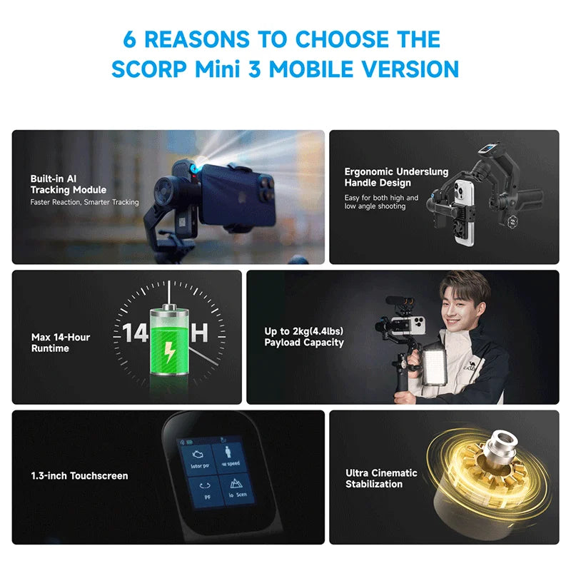 FeiyuTech SCORP Mini 3 Kit Gimbal Stabilizer with Built-in 4.0 Intelligent AI Tracking for Mirrorless Action Camera & Smartphone