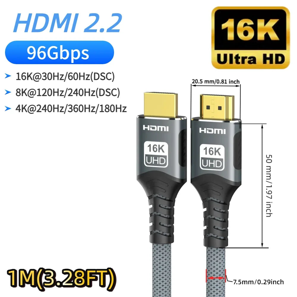 HDMI 2.2/2.1/2.0 Cable Maximum Bandwidth 96Gbps Support 8K@120Hz 4K@240Hz 2K@360Hz LIP Protocol for TV Monitor Game Console