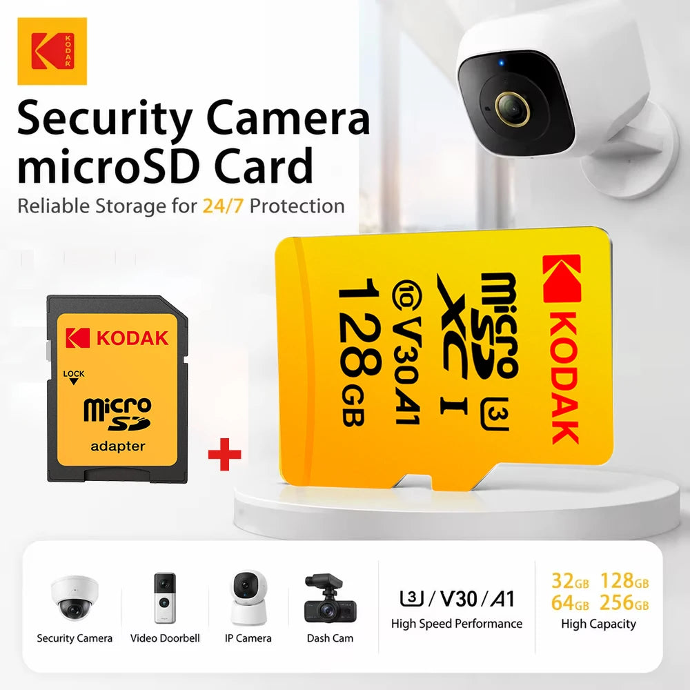KODAK Micro SD Card 32GB 64GB 128GB V30 U3 4K Yellow for Dash Cam Driving Recorder TF Card