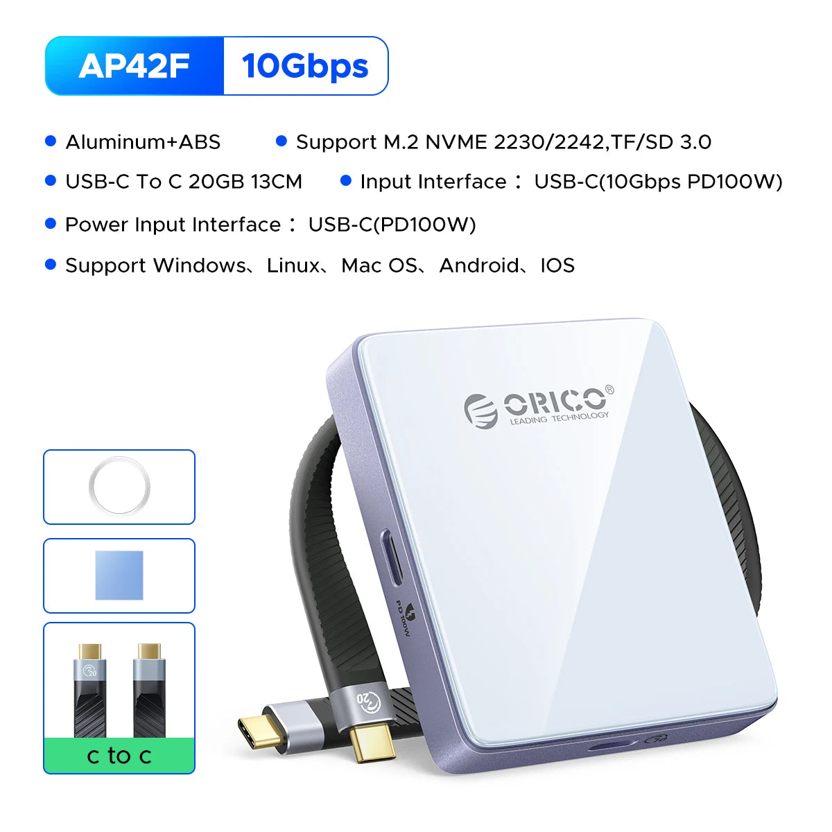 ORICO Magnetic M.2 2230/2242 NVMe SSD Enclosure for iPhone 4K ProRes Recording ith SD/TF 3.0 Card Reader PD100W Charging Port