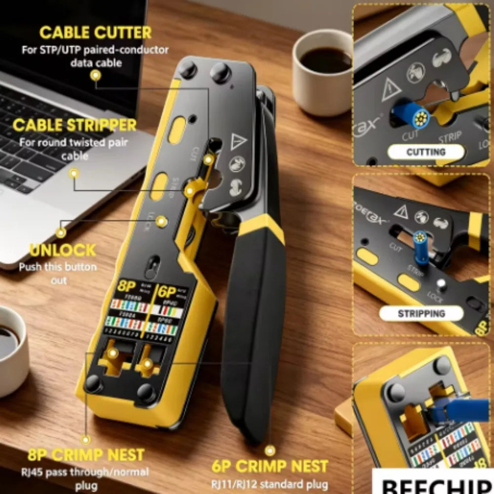 BEECHIP RJ45 Crimp Tool Pass Through Ethernet Crimping Tool for Cat6 Cat5 Cat5e RJ45 Connectors with Replacement Blade
