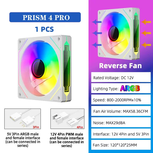 Veebyte PRISM 4 PRO Computer Chassis Fan 120mm 5V 3PIN ARGB 4 Pin PWM Quiet Cooling Fan 12V Large Air Volume 45.2CFM/600-1500RPM